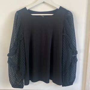LOFT Women Petite Black Sheer Polka Dot Ruffle Sleeve Long Sleeve Blouse Size SP
